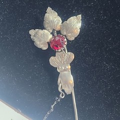 Antique Articulated Koi Fish Chatelaine Pin Red Glass Flower Hand Silver Tone