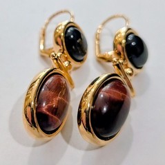 Vintage Gold Tone Tiger Eye Black Onyx Double Cabochon Leverback Drop Earrings