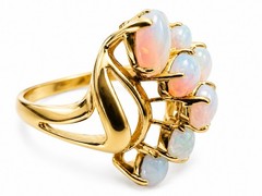 Modernist 14K Gold Opal Cluster Ring 12 Natural Opals Size 7.75 Vintage Fire!