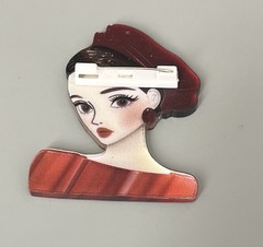 Flat Acrylic Woman-Lady Brooch Sophisticated 2.5” Burgundy-Orange Brown Hair