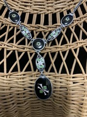 Vintage Art Deco Style Filigree Floral Enamel Black Glass Delicate Necklace 14”