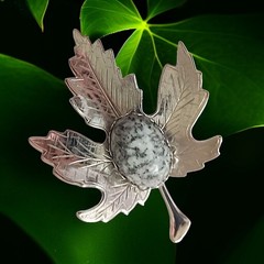 Vtg Jasper Stone Maple Leaf Brooch Pin Cabochon Silver Tone Autumn Harvest Fall