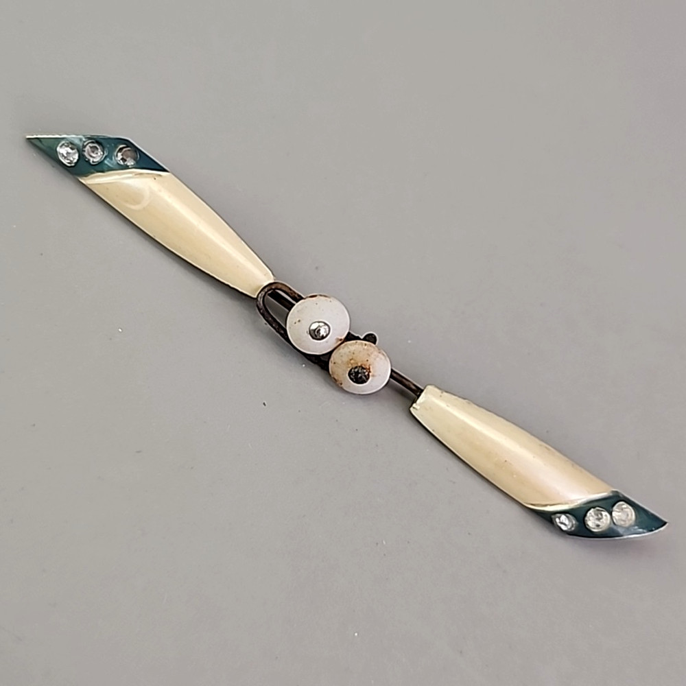 Vintage Celluloid Jabot Brooch Rhinestones Stick Pin 4.25″