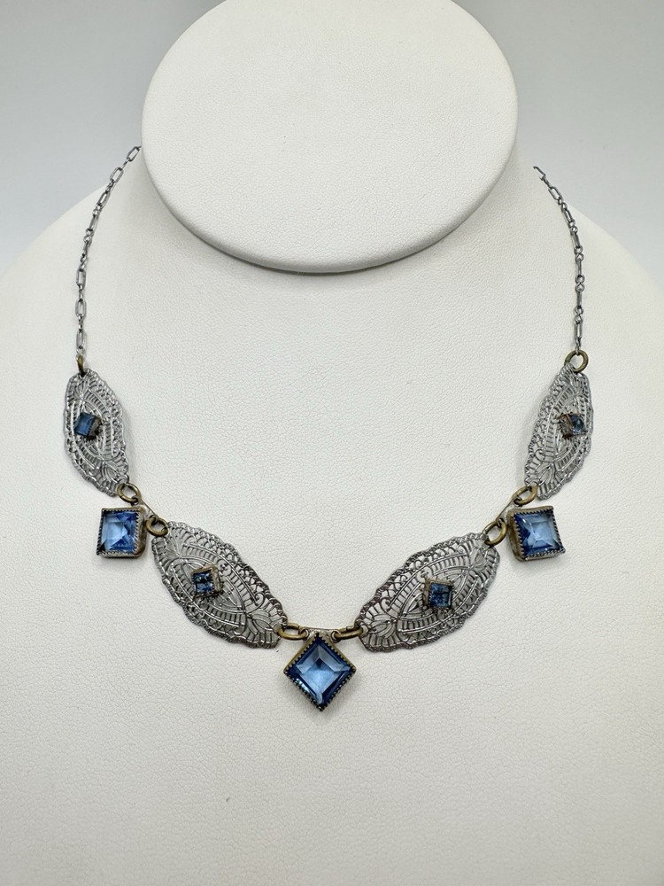 Victorian Art Deco White Metal Blue Glass Filigree Link Necklace Delicate Read