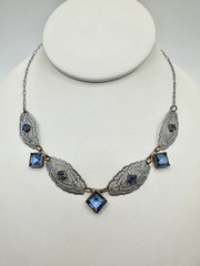 Victorian Art Deco White Metal Blue Glass Filigree Link Necklace Delicate Read