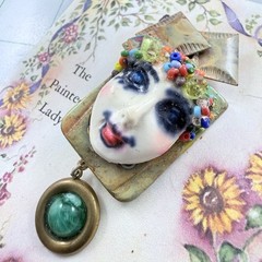 Vintage 1980s THE PAINTED LADY One of Kind Artisan Designer Brooch On Org Card