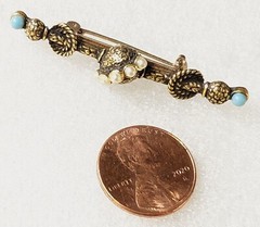 Vintage Etruscan Revival Seed Faux Pearls & Tiny Blue Cabs Bar style Brooch