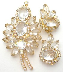 D & E Juliana Leaf Brooch & Earrings Set with Clear & Ab Rhinestone Vintage Pin
