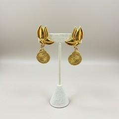 Vintage Gold Tone Tulip Rose Drop Clip On Earrings Coquette Statement Regency