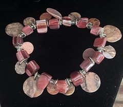 2 Rhodochrosite Rose Pink Abalone Shell Bead Silver Statement Stretch Bracelets