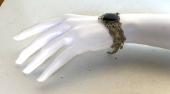 Vintage Boho Silver Alloy & Onyx Artisan Hand Created Bracelet, 6-3/4″ Long