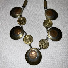 VTG Modernist Mixed Metal Necklace Brass Copper Disc Statement MCM 21”