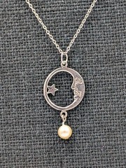 Vtg Sterling Faux Pearl Crescent Moon Man & Star Pendant 18″ Cable 925 Necklace