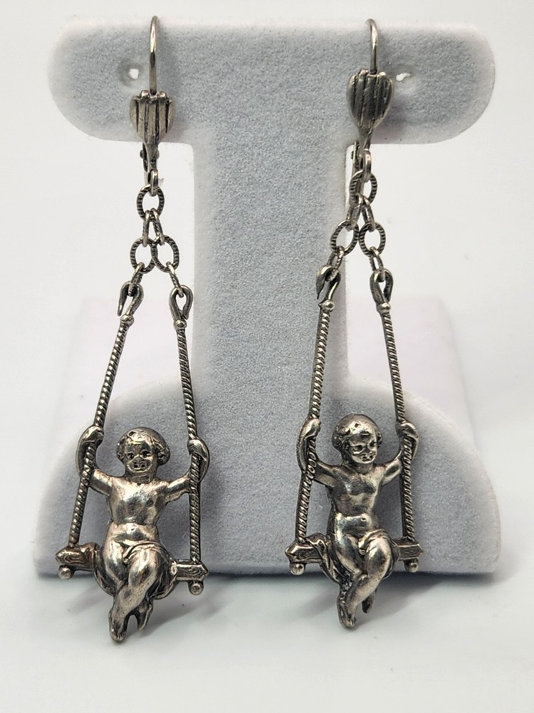 Vintage Estate Cherub Earrings Silvertone Angels On Swing Lever Back Renaissance