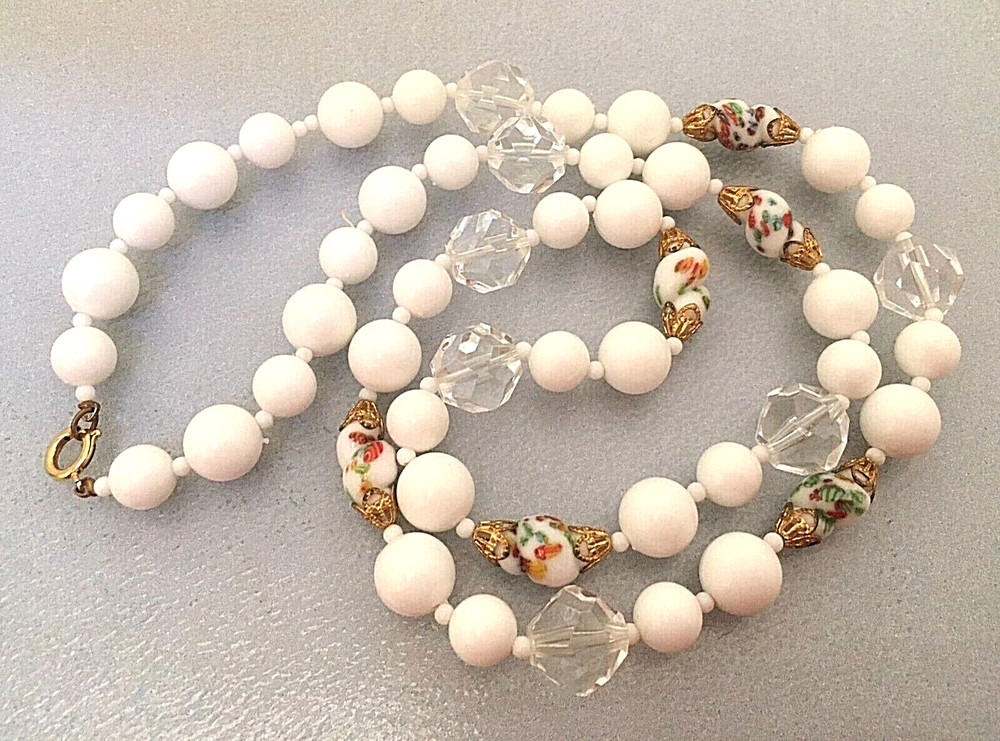 Art Glass & White Plastic Bead Necklace 30″ Vintage Statement Glam Jewelry