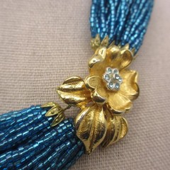 Vtg Glass Sead Bead Necklace Rhinestone Clasp Blue Multistrand Gold Tone 15 Inch