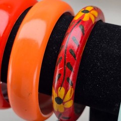 Vintage Bangle Bracelet Lot Plastic Lucite Acrylic Carved Floral Orange Blue Gre