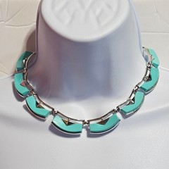 (248) Teal Blue Lucite Thermoset Silver-Tone Vintage Necklace MCM