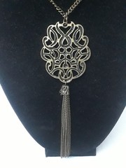 Vintage Pendant Necklace Antique Silver Tone Statement Metal Tassel 28 in