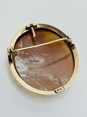 14K Gold 1.3 Inch Carved Edwardian Shell Cameo Brooch & Pendant