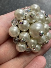 Vintage 1.5” Stacked Faux Pearl AB Crystal Rhinestone Flower Brooch Pin