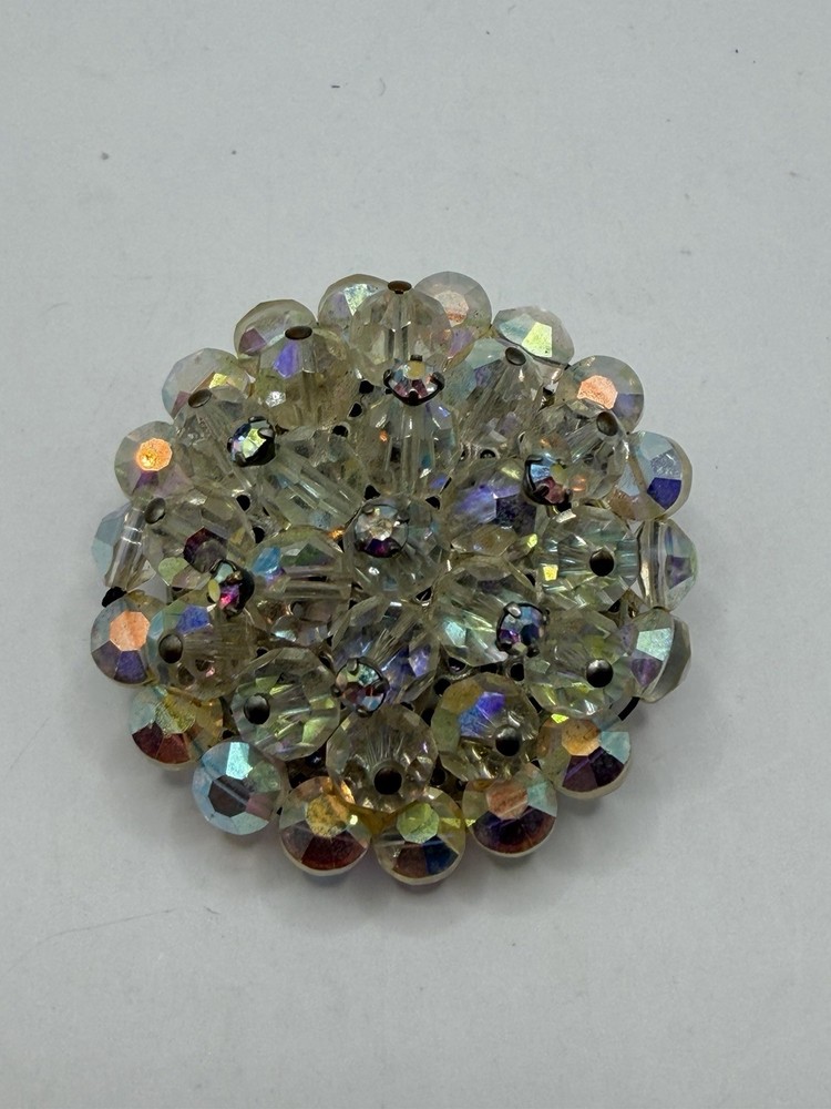 VINTAGE Iridescent Aurora Borealis Crystal Domed Round Cluster Brooch Pin