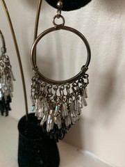 Vintage Black & Silver Beaded Mesh Dangling Circle Womans Earrings French wire