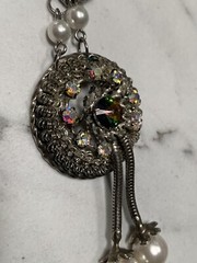 VINTAGE silver tone CRYSTAL AB rhinestone DROP NECKLACE chain SPARKLY Faux pearl