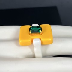 Modernist Lucite Ring Yellow Green Rhinestone Sz 7 Statement Chunky Post Modern
