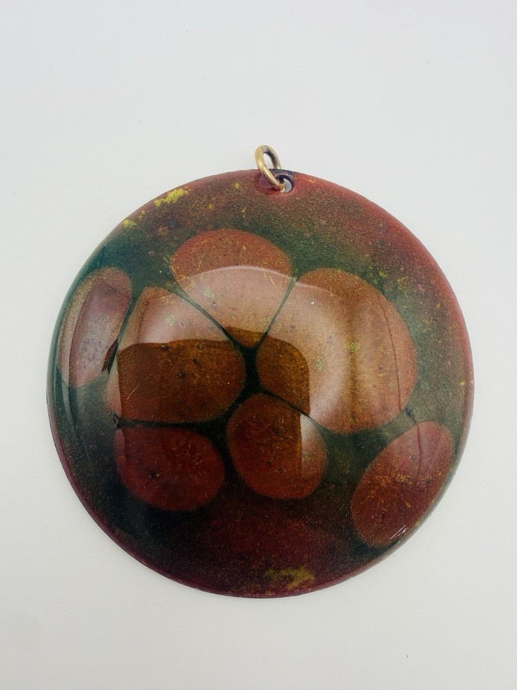 Vintage Modernist Enamel On Copper Brooch Pendant Green Signed Carolyn MCM
