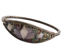 Vintage Alpaca Mexico Silvertone Hinged Bracelet Inlaid Mother Of Pearl Abalone