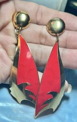 Vintage Designer Berebi Retro Gold Tone & Red Enamel Pierced Earrings, 3..5″