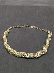 Vintage Lisner Green Necklace Iridescent Leaf Gold Tone AB Rhinestone Signed 16″