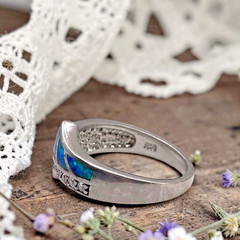 Vintage Blue Fire Opal with CZ Accents 925 Sterling Band Ring, size 8.25