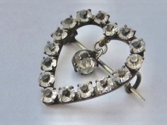 Antique Victorian Clear Paste Stones Heart Silver Brooch & Paste Dangle Center