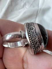 VINTAGE HUGE BLACK STAR CATS EYE MOONSTONE ? CABOCHON 925 STERLING SILVER RING