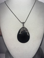 Vintage Tori Hill Black Onyx Marcasite 925 Sterling Silver Pendant and 30” chain