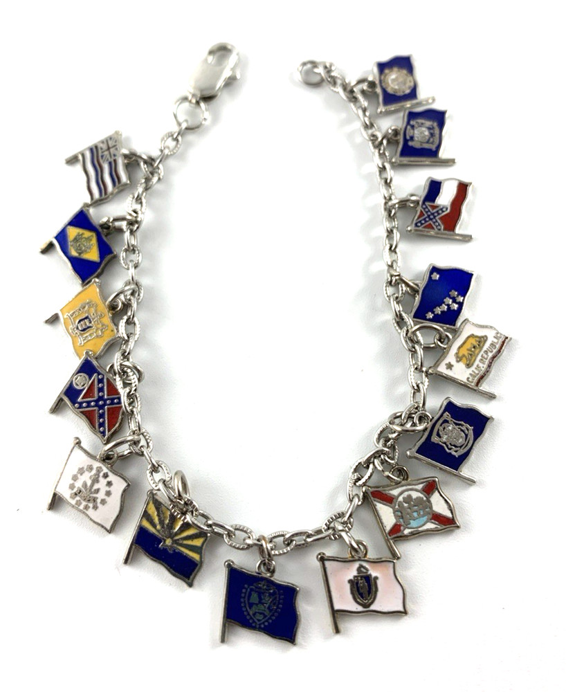 State/Colony Flags Charm Bracelet | 15 Charms | Silver Tone | 7.5″ | NOS