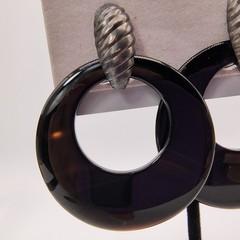VintageBlack Onyx Door Knocker Earrings Hoops Omega Back Silver Tone 80s 90s