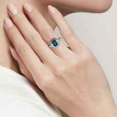 Art Deco Blue Topaz & Lab-Created Diamond Halo Wedding 14K White Gold FN Ring
