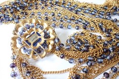 Vintage Signed Marvella Multi Strand Long Necklace Large Brooch Blue Glass Beads