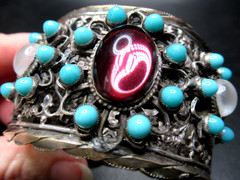 Antique Silver Plate Blue & Purple Glass Cabochon Floral Filigree Bracelet