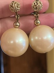 Vintage Napier Huge Pearl Cabochon Filigree Gold Dangle Drop Clip On Earrings