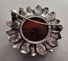 Vintage Brown Natural Amber Pin Brooch, Sunflower-Shape, Sterling Silver, Latvia