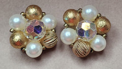 Vintage Lisner Clip On Earrings Gold Tone Pearl Bead Cluster Clear AB Crystal
