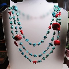 Blue Turquoise Red Coral Nugget 3 Strand Adjustable Length Western Necklace