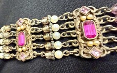 Vintage Pink Rhinestone Faux Pearl Bib Necklace Multi Chain Festoon Brass Tone