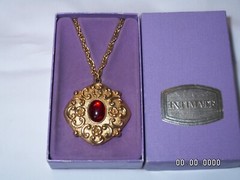 …Revlon Gold Tone,Red Glass Cab “Intimate” Perfume Locket Pendant Necklace…