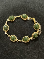 Vintage Gold Plated Nephrite Jade Link Bracelet Oval Cabochon Safety Chain 7″