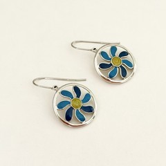 Ross Simons 925 Sterling Silver Blue & Green Enamel Flower Daisy Dangle Earrings